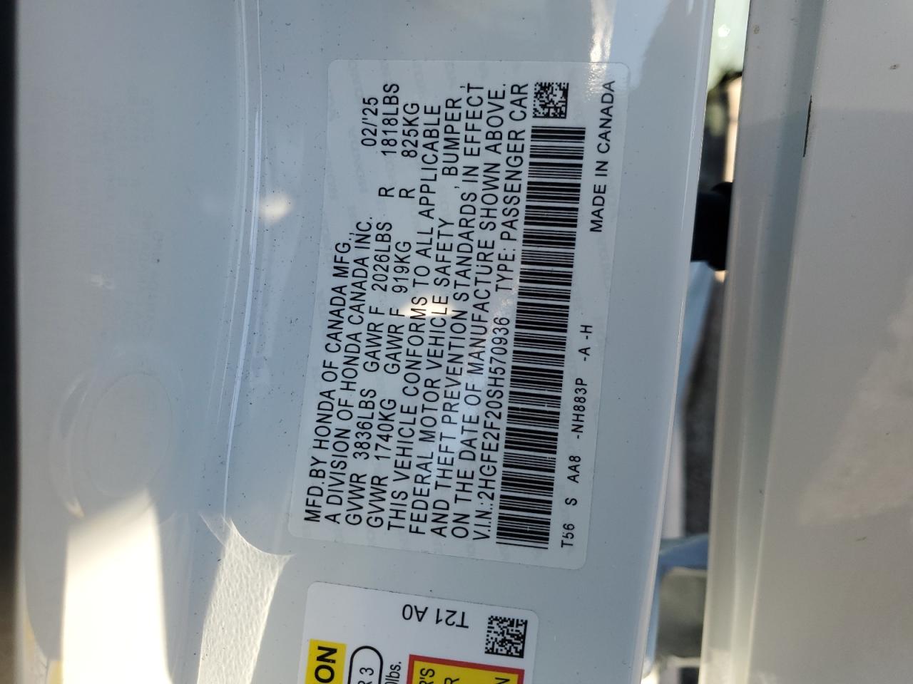 2025 Honda Civic Lx VIN: 2HGFE2F20SH570936 Lot: 69842945