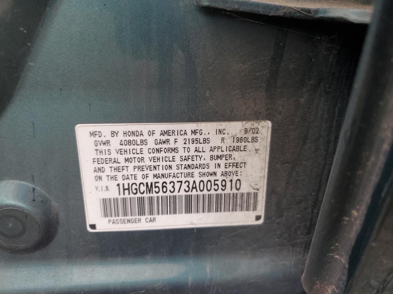 2003 Honda Accord Lx VIN: 1HGCM56373A005910 Lot: 82251885