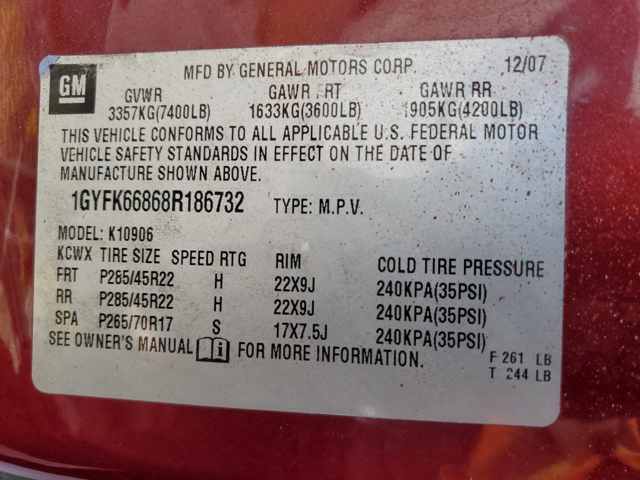 2008 Cadillac Escalade Esv VIN: 1GYFK66868R186732 Lot: 89914965