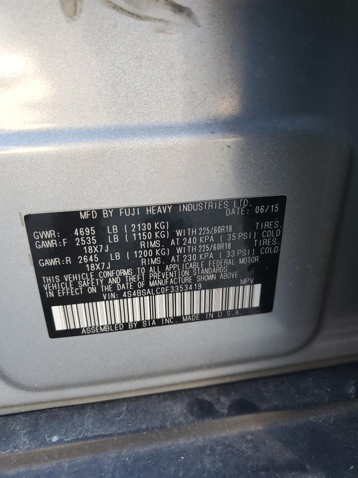 2015 Subaru Outback 2.5I Limited VIN: 4S4BSALC0F3353419 Lot: 85563605