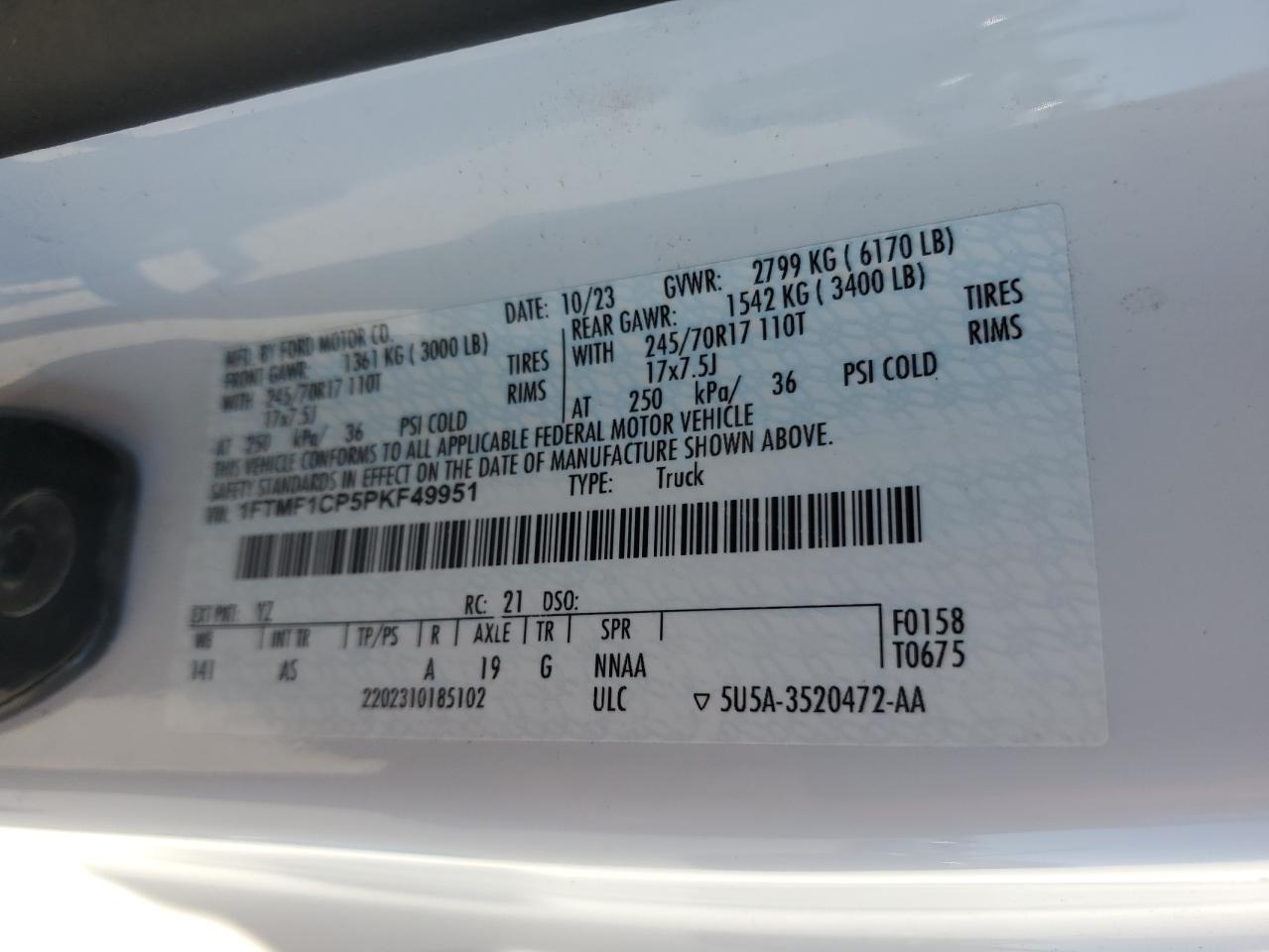 2023 Ford F150 VIN: 1FTMF1CP5PKF49951 Lot: 82485625