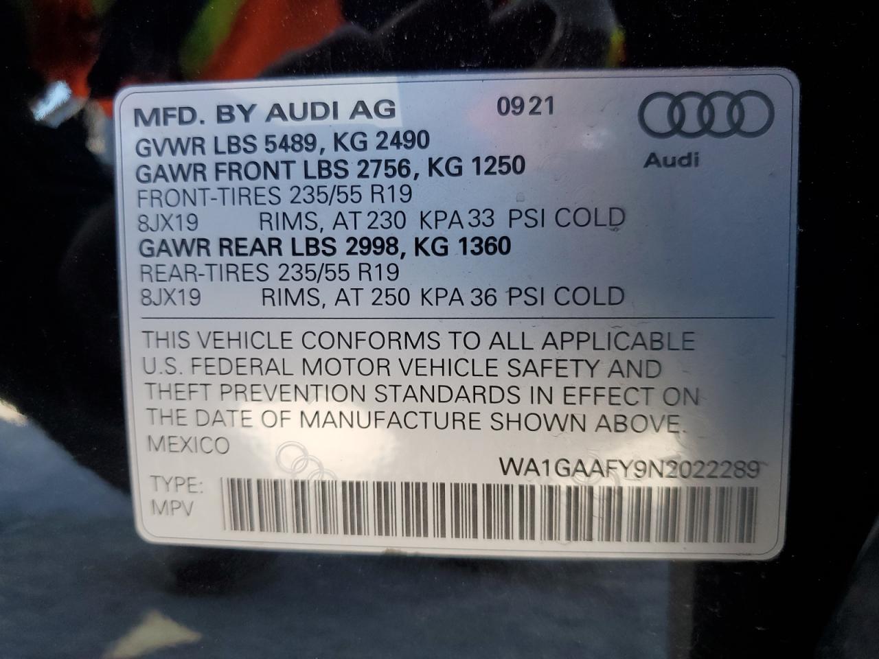 2022 Audi Q5 Premium 45 VIN: WA1GAAFY9N2022289 Lot: 90504395