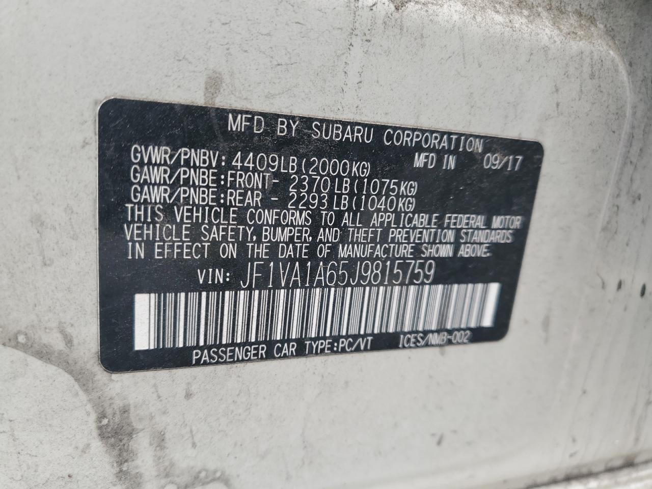 2018 Subaru Wrx VIN: JF1VA1A65J9815759 Lot: 86312945