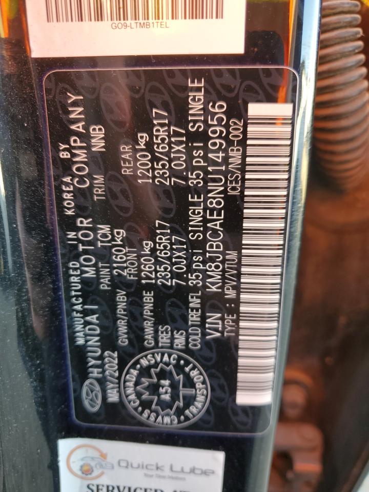 2022 Hyundai Tucson Sel VIN: KM8JBCAE8NU149956 Lot: 89833855