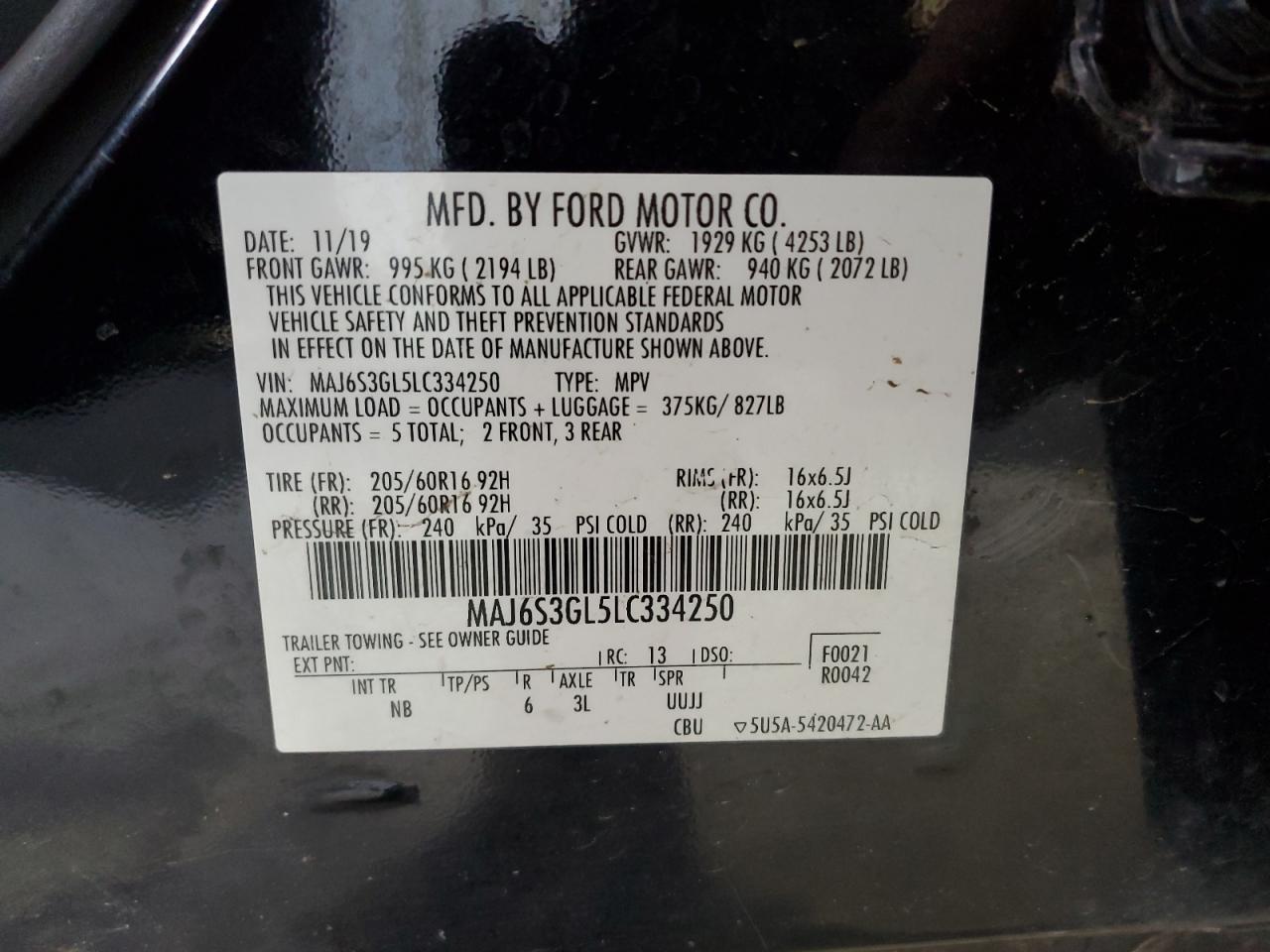 2020 Ford Ecosport Se VIN: MAJ6S3GL5LC334250 Lot: 86895555