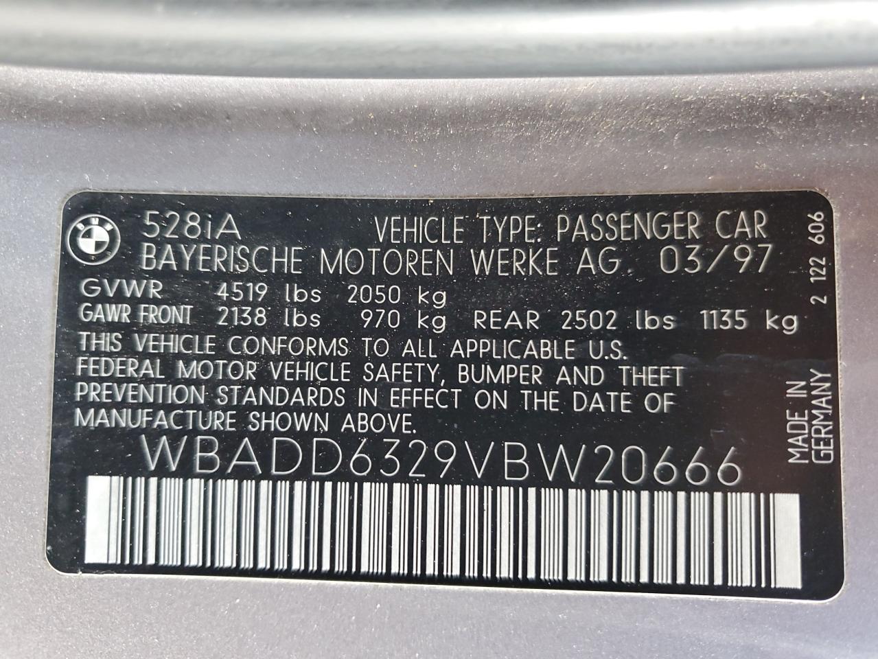 1997 BMW 528 I Automatic VIN: WBADD6329VBW20666 Lot: 86123025