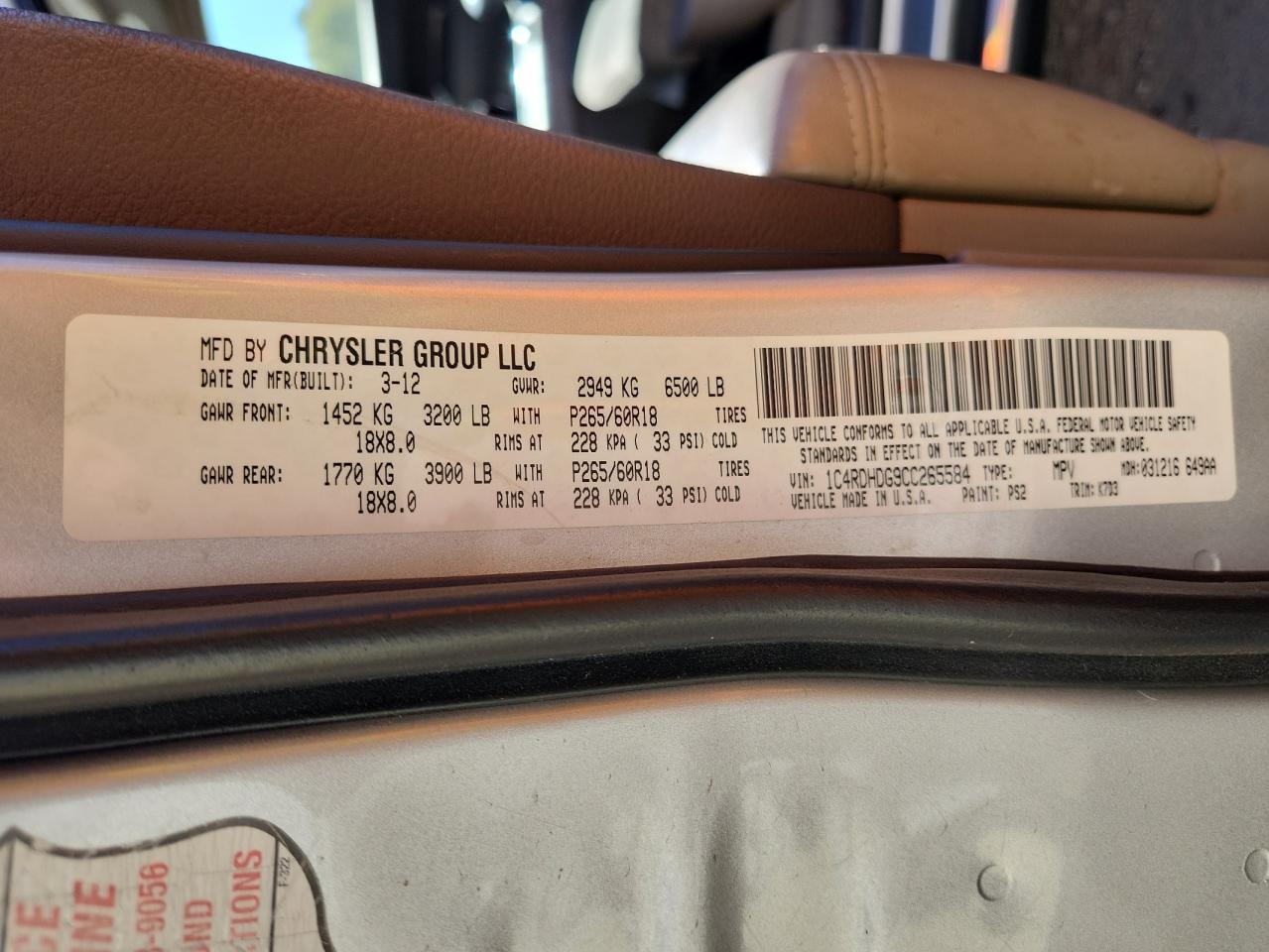 2012 Dodge Durango Crew VIN: 1C4RDHDG9CC265584 Lot: 84954925