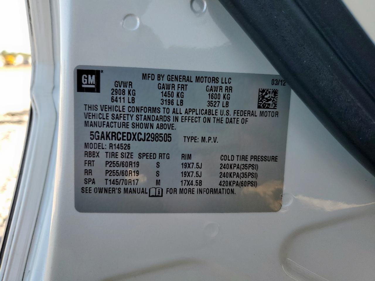 2012 Buick Enclave VIN: 5GAKRCEDXCJ298505 Lot: 90892585