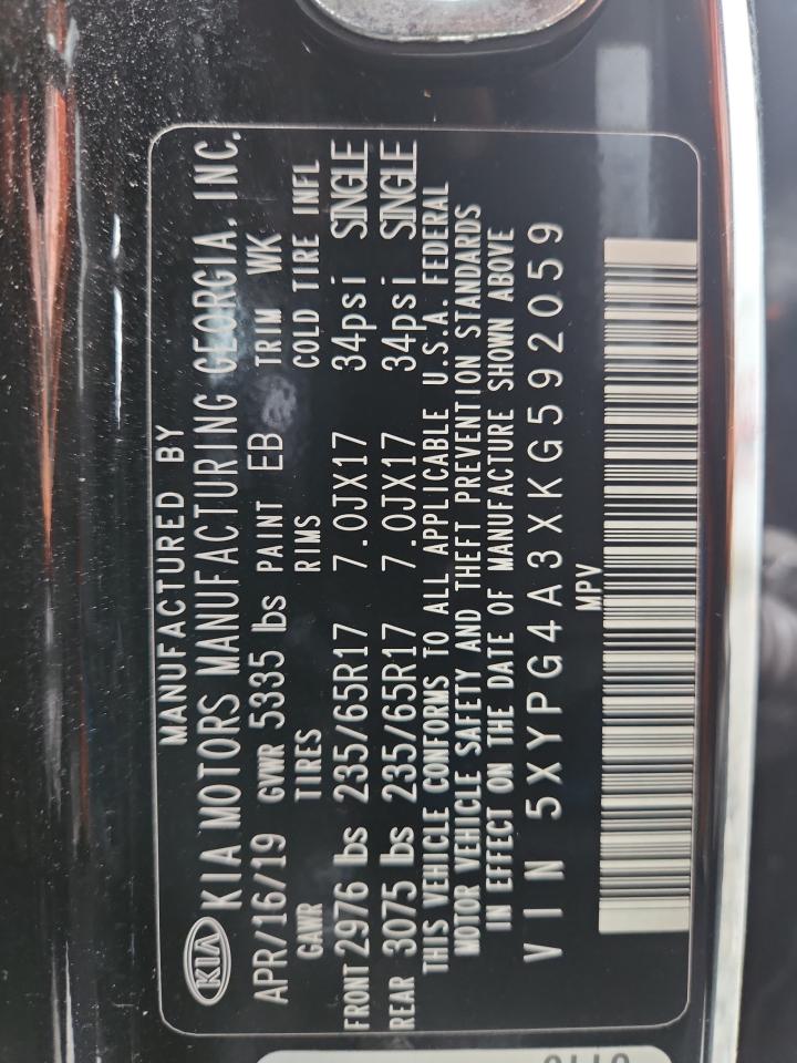 2019 Kia Sorento L VIN: 5XYPG4A3XKG592059 Lot: 85354995