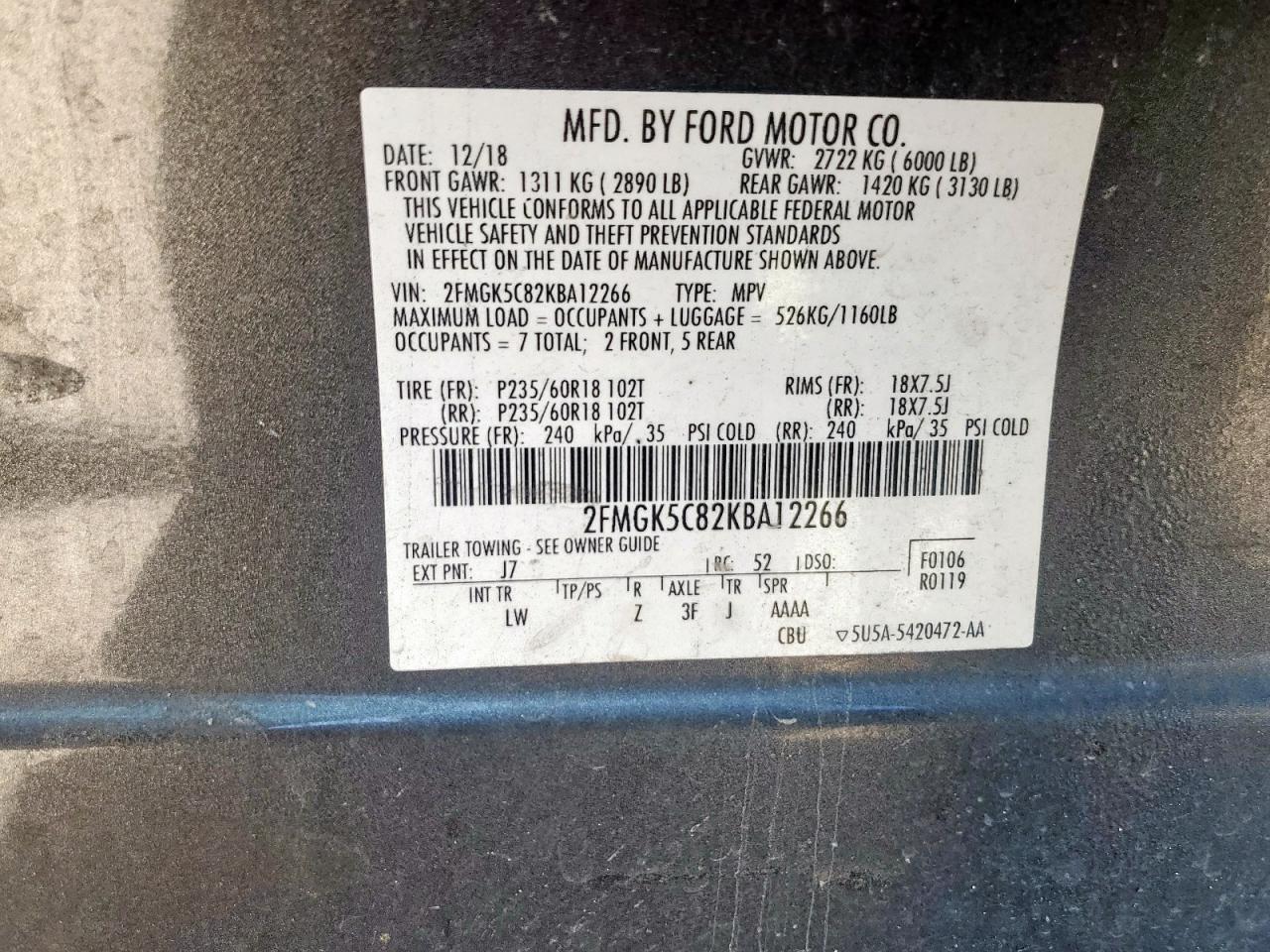 2019 Ford Flex Sel VIN: 2FMGK5C82KBA12266 Lot: 85910125