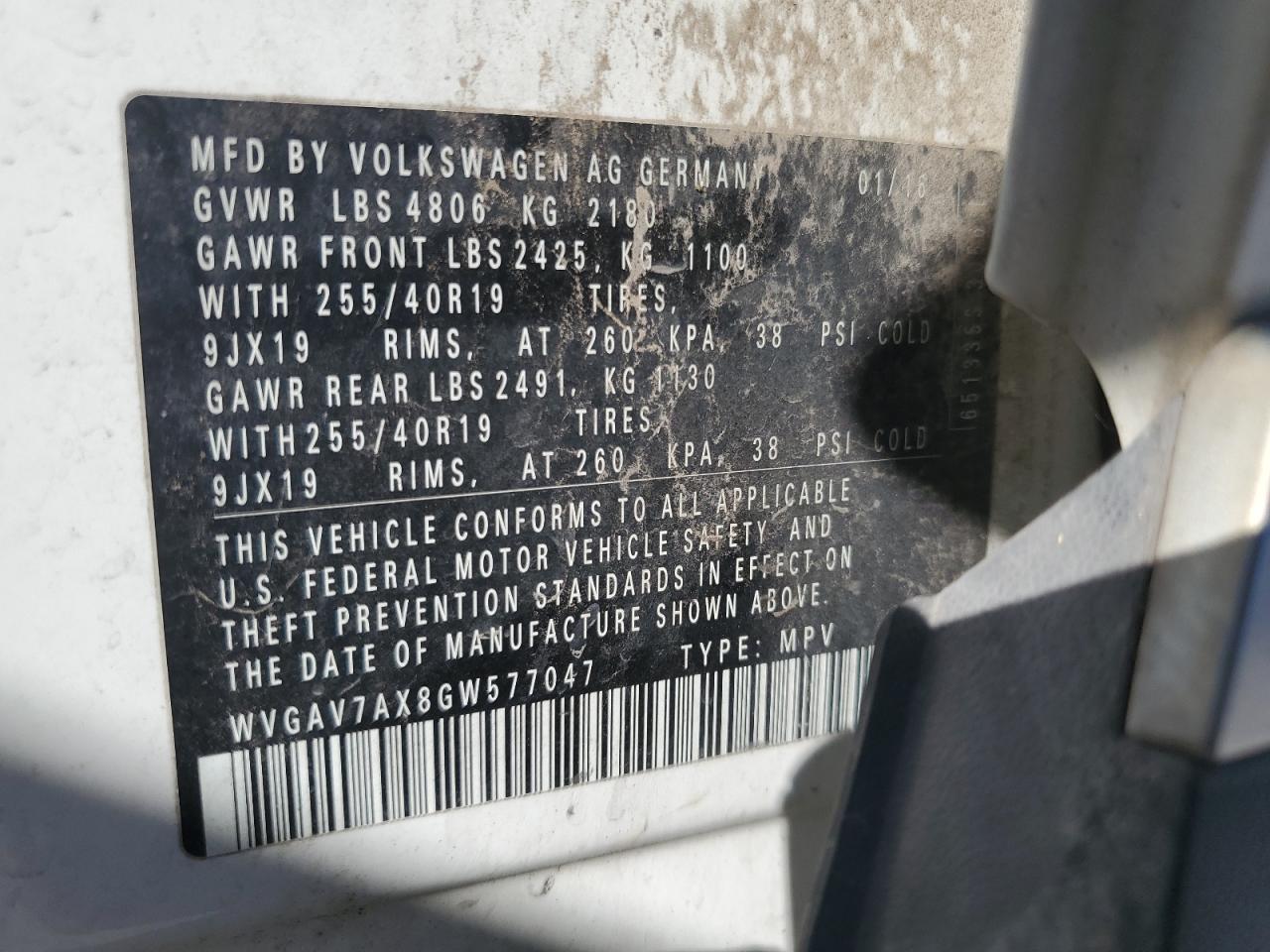 2016 Volkswagen Tiguan S VIN: WVGAV7AX8GW577047 Lot: 85714945