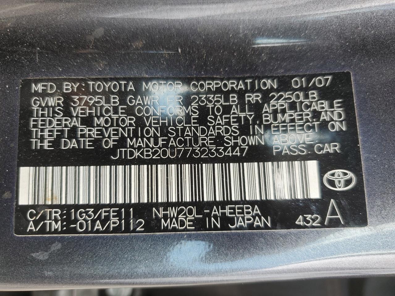 2007 Toyota Prius VIN: JTDKB20U773233447 Lot: 85743345