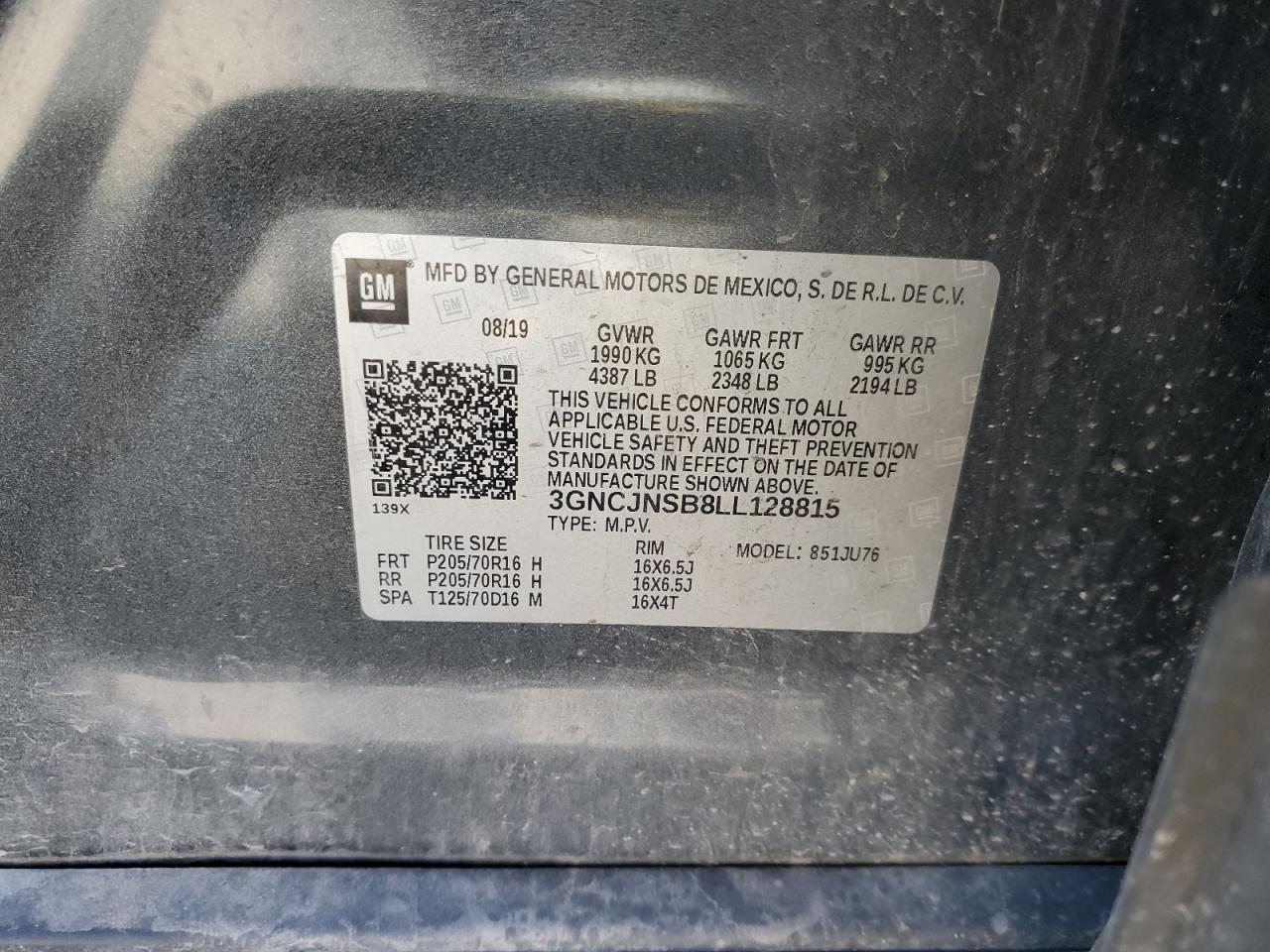 2020 Chevrolet Trax Ls VIN: 3GNCJNSB8LL128815 Lot: 85878105