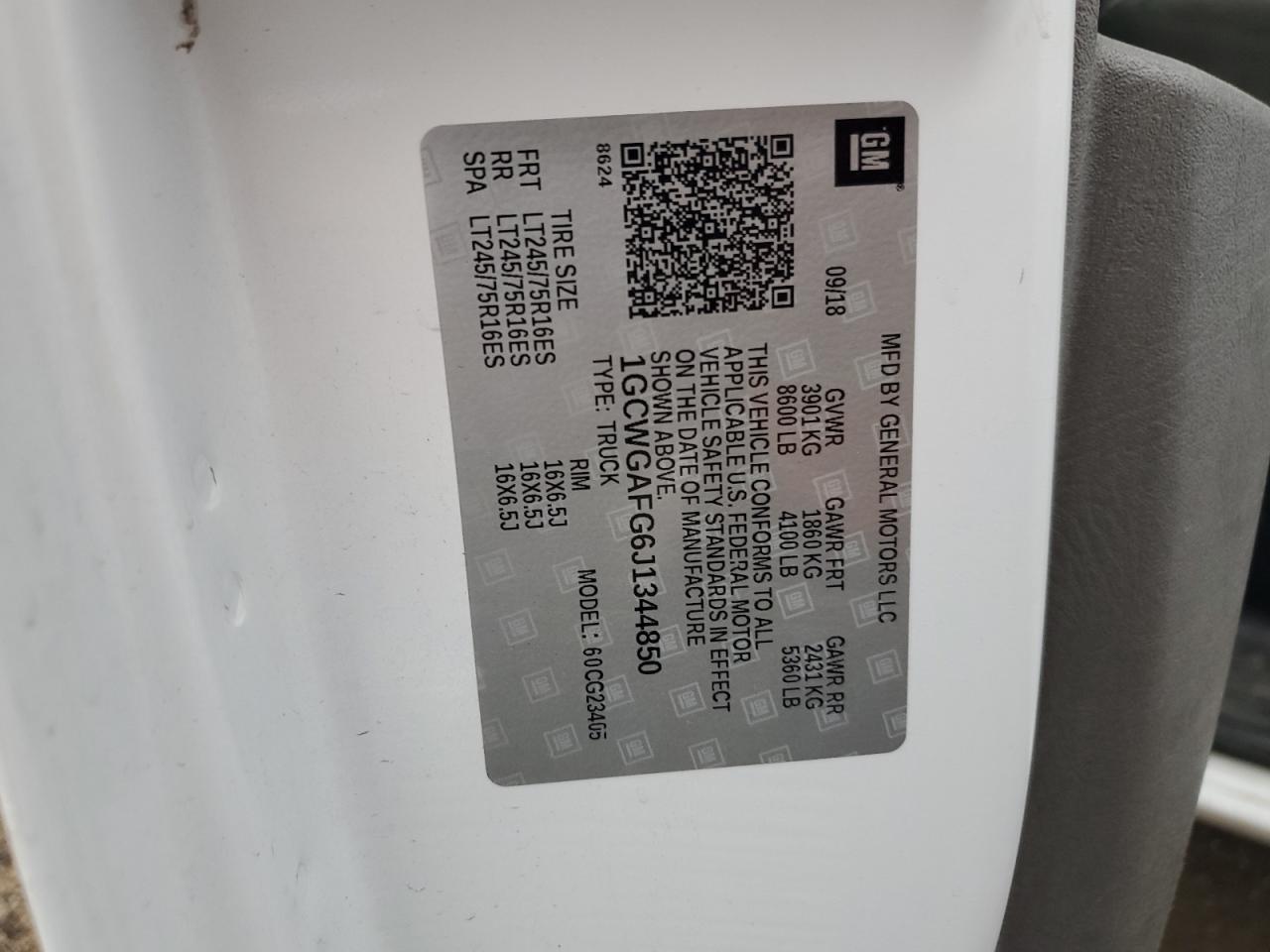 2018 Chevrolet Express G2500 VIN: 1GCWGAFG6J1344850 Lot: 86459815