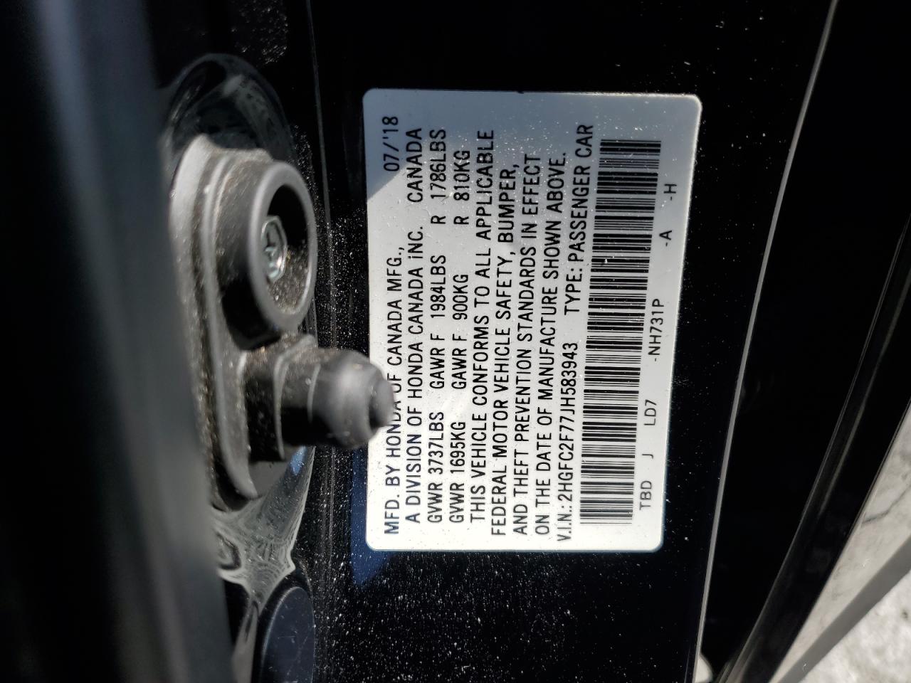 2018 Honda Civic Ex VIN: 2HGFC2F77JH583943 Lot: 82380795