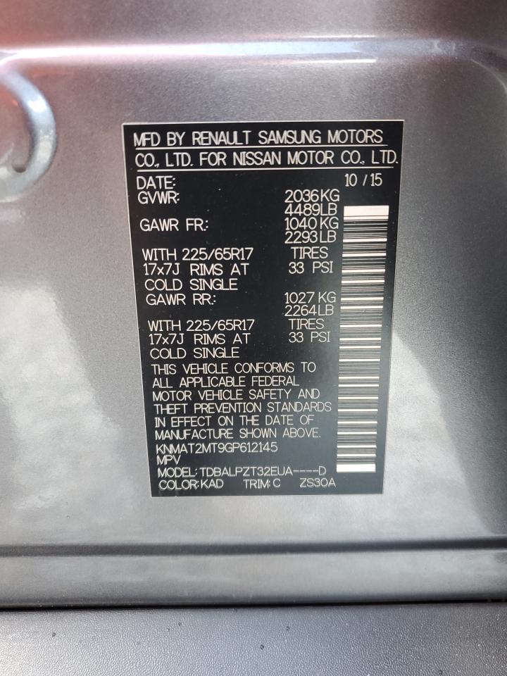 2016 Nissan Rogue S VIN: KNMAT2MT9GP612145 Lot: 85830015