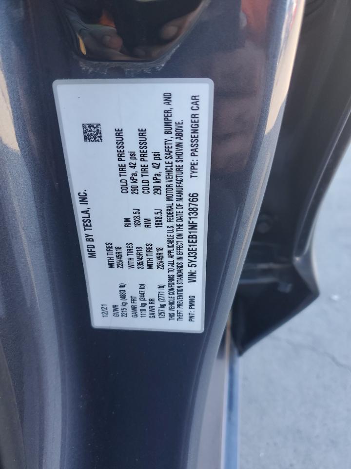 2022 Tesla Model 3 VIN: 5YJ3E1EB1NF138766 Lot: 89915155
