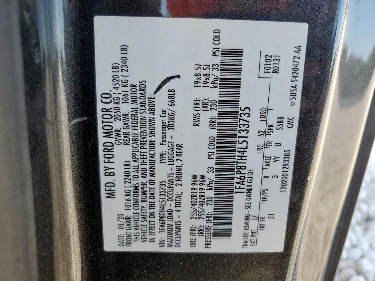 2020 Ford Mustang VIN: 1FA6P8TH4L5133735 Lot: 82428065