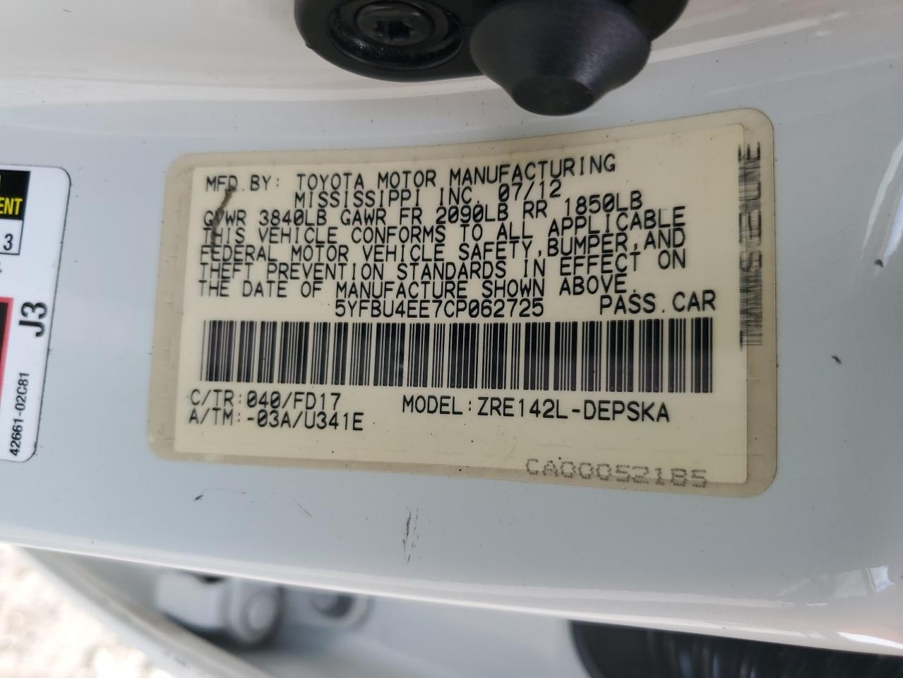 2012 Toyota Corolla Base VIN: 5YFBU4EE7CP062725 Lot: 85339225