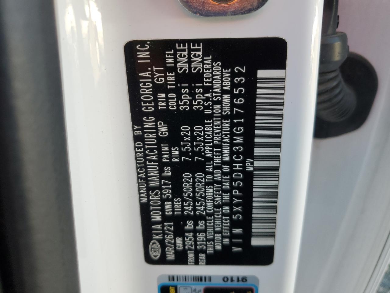 2021 Kia Telluride Sx VIN: 5XYP5DHC3MG176532 Lot: 85761785