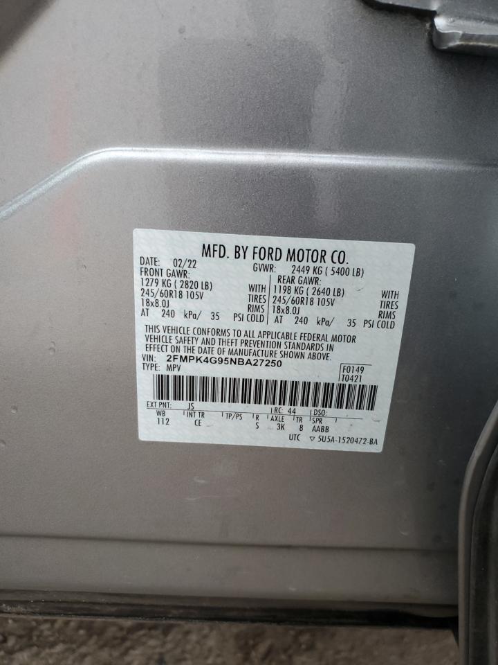 2022 Ford Edge Se VIN: 2FMPK4G95NBA27250 Lot: 85493785