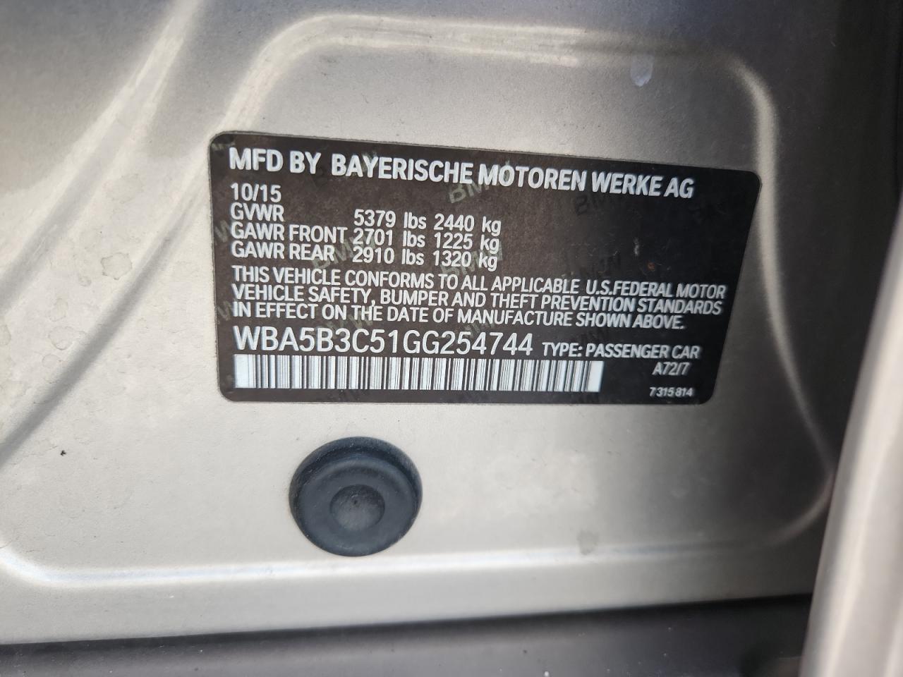 2016 BMW 535 Xi VIN: WBA5B3C51GG254744 Lot: 84742165