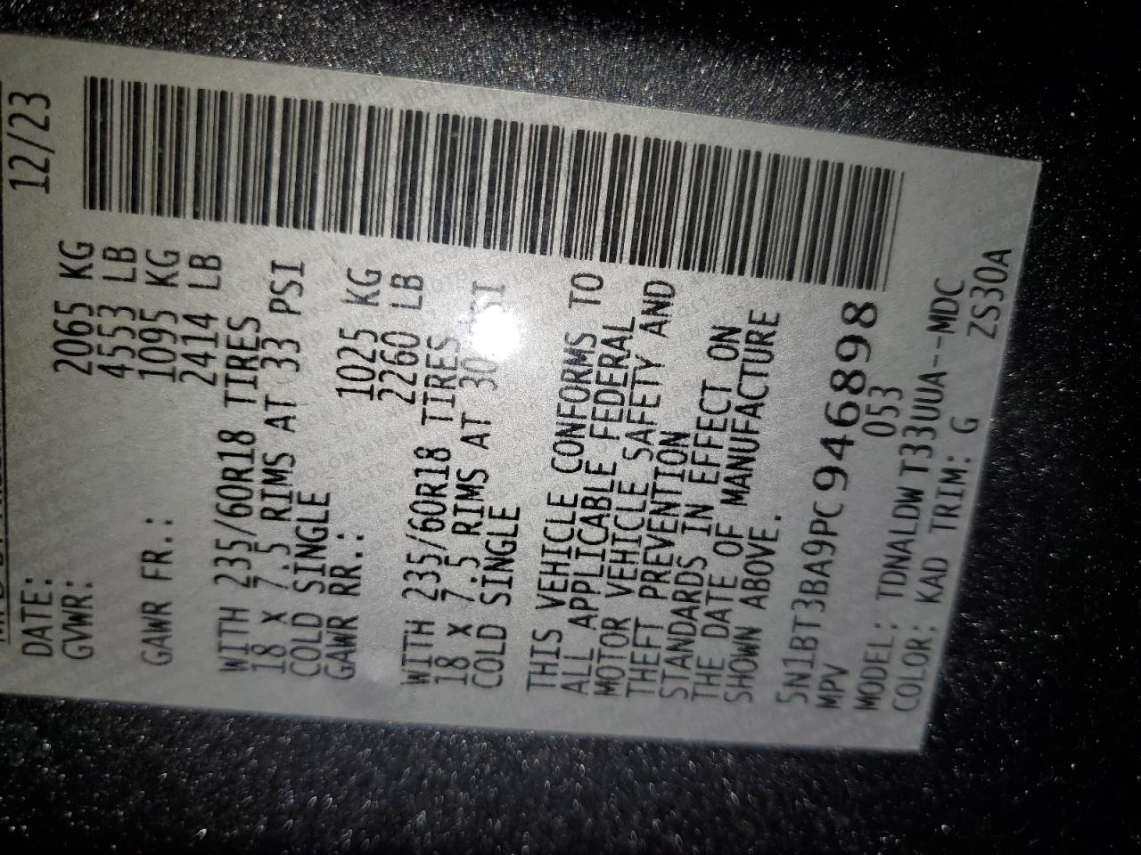 2023 Nissan Rogue Sv VIN: 946898 Lot: 86190985