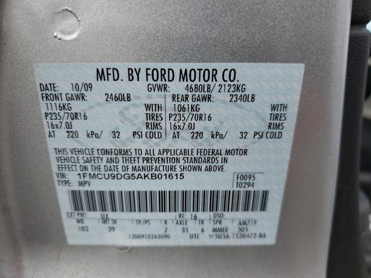 2010 Ford Escape Xlt VIN: 1FMCU9DG5AKB01615 Lot: 85735175