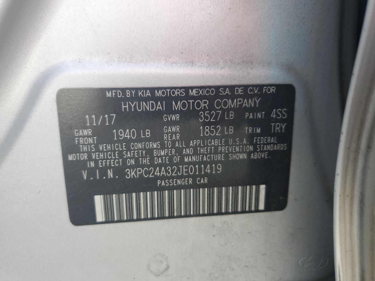 2018 Hyundai Accent Se VIN: 3KPC24A32JE011419 Lot: 81894605