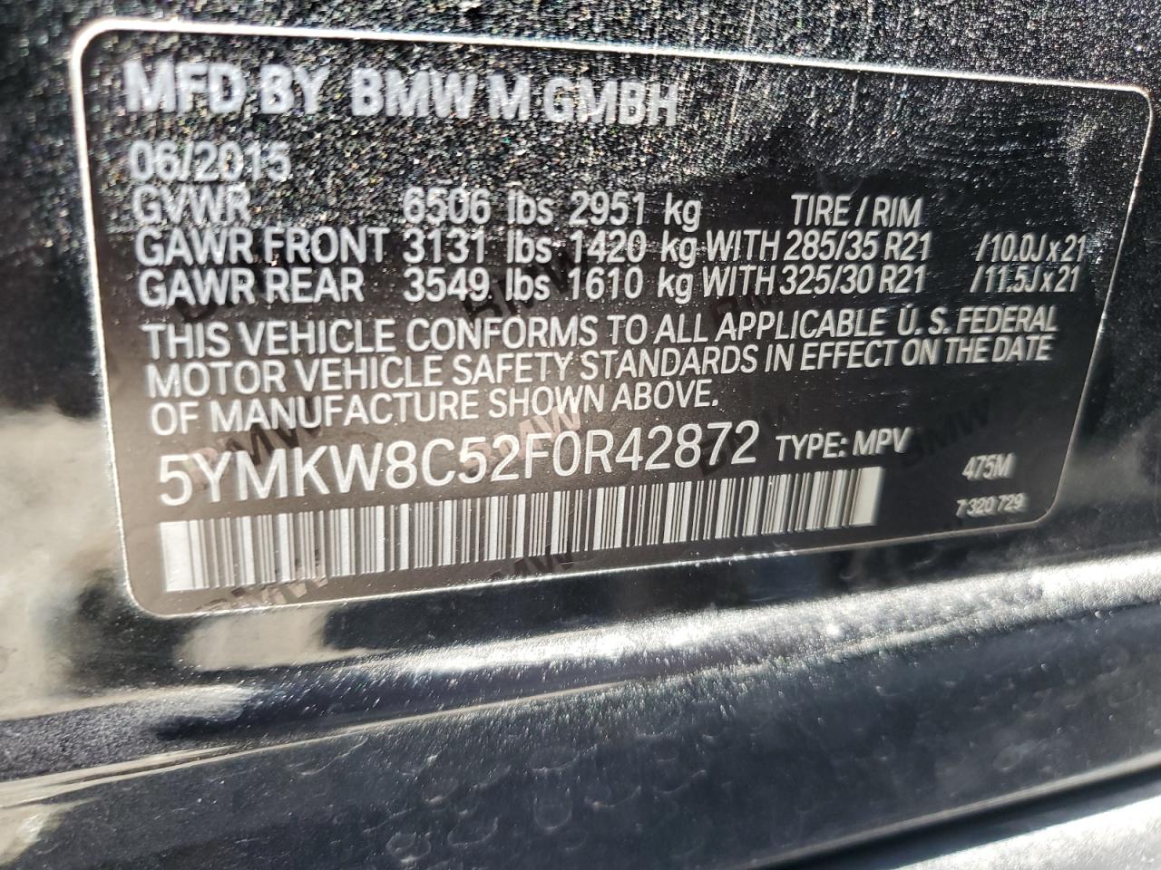 2015 BMW X6 M VIN: 5YMKW8C52F0R42872 Lot: 84971035