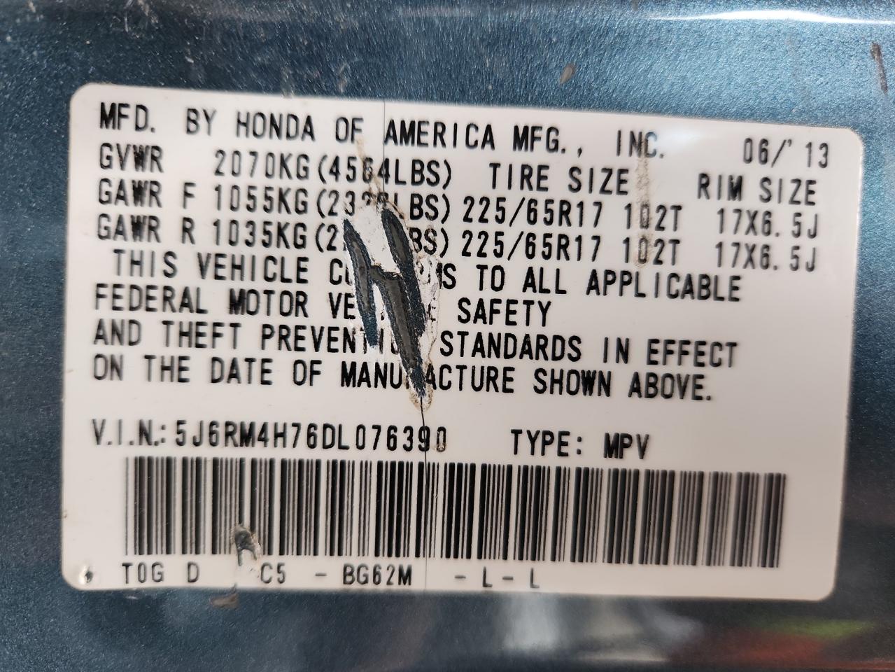 2013 Honda Cr-V Exl VIN: 5J6RM4H76DL076390 Lot: 86317115
