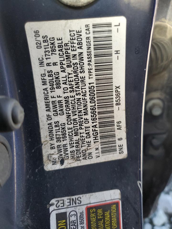 2006 Honda Civic Lx VIN: 1HGFA16566L060051 Lot: 81753315