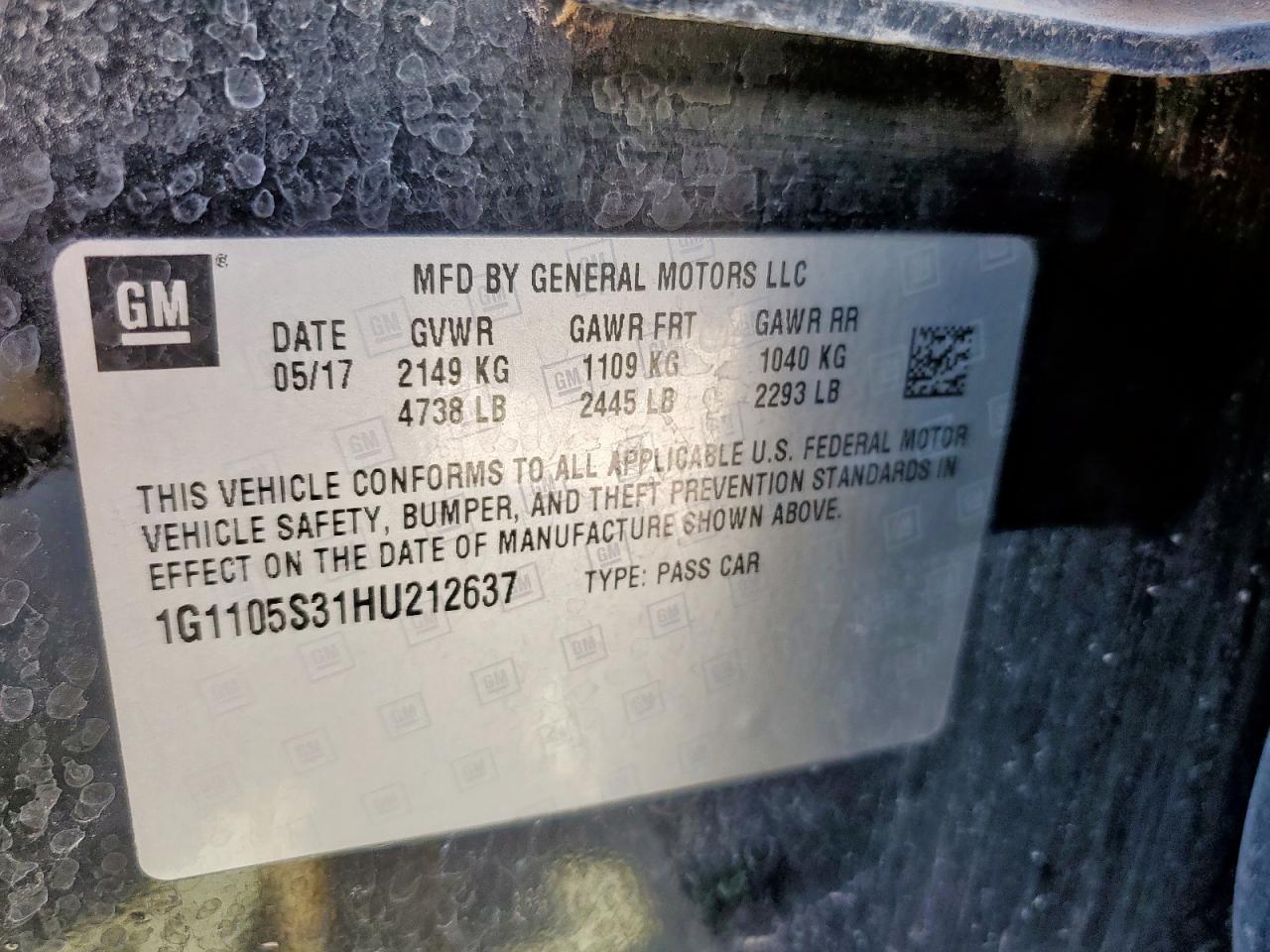 2017 Chevrolet Impala Lt VIN: 1G1105S31HU212637 Lot: 85355845