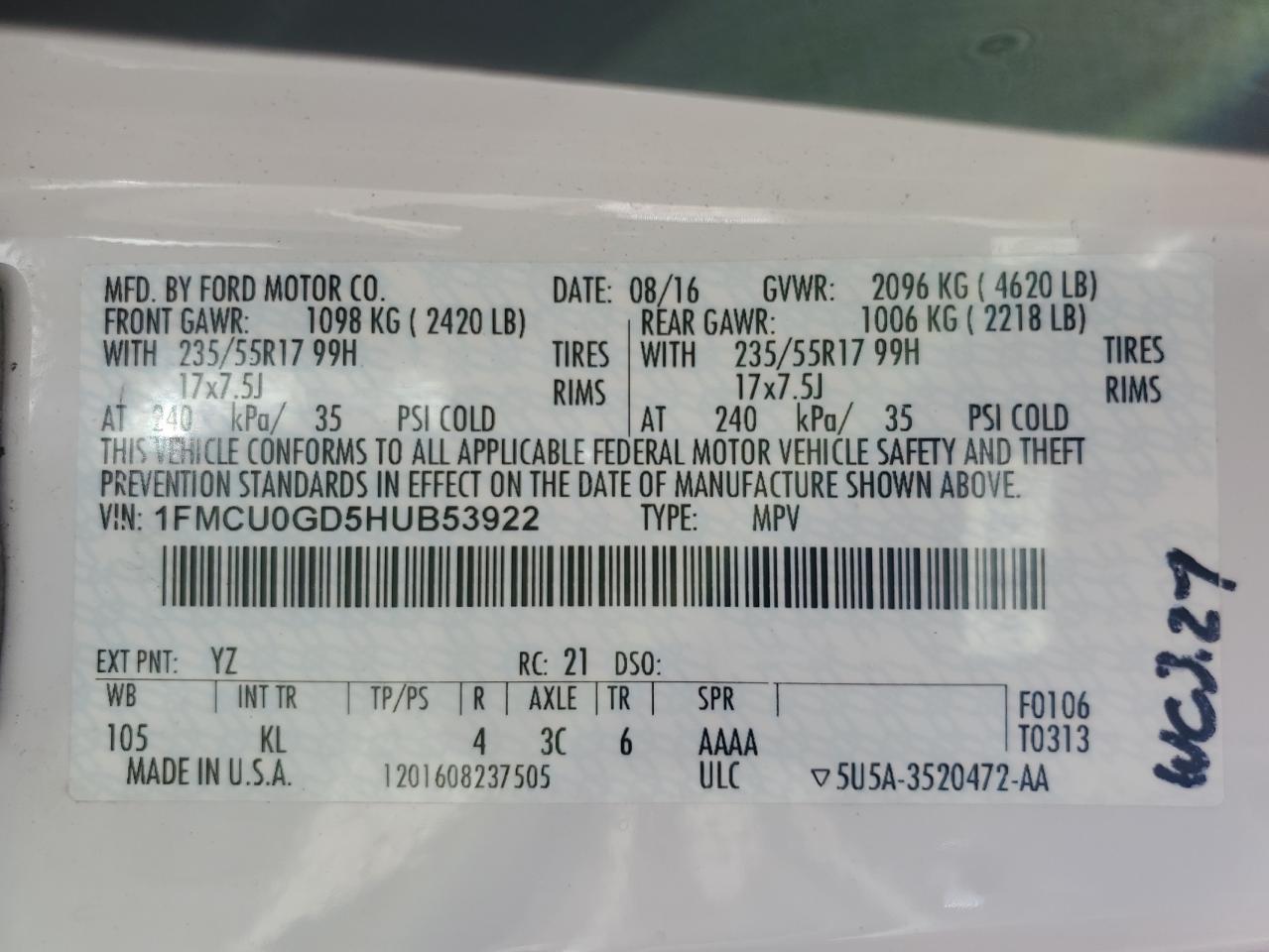 2017 Ford Escape Se VIN: 1FMCU0GD5HUB53922 Lot: 86852215