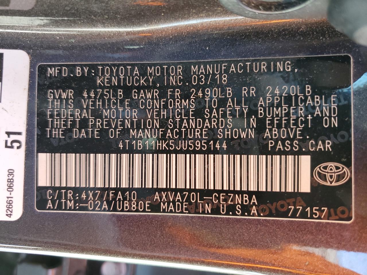 2018 Toyota Camry L VIN: 4T1B11HK5JU595144 Lot: 81944065