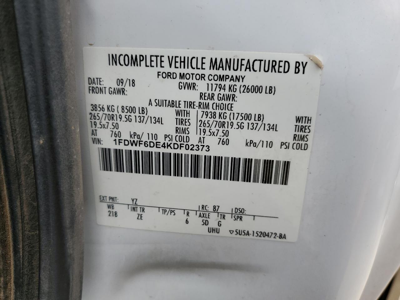 2019 Ford F650 Super Duty VIN: 1FDWF6DE4KDF02373 Lot: 94997935