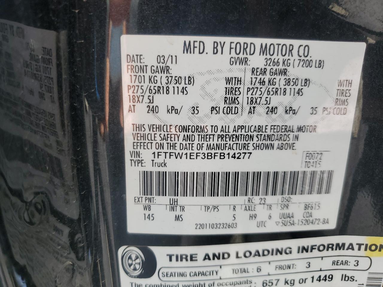 2011 Ford F150 Supercrew VIN: 1FTFW1EF3BFB14277 Lot: 89652605