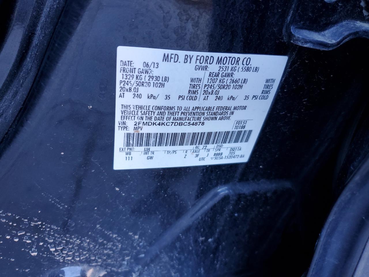 2013 Ford Edge Limited VIN: 2FMDK4KC7DBC54878 Lot: 90500145