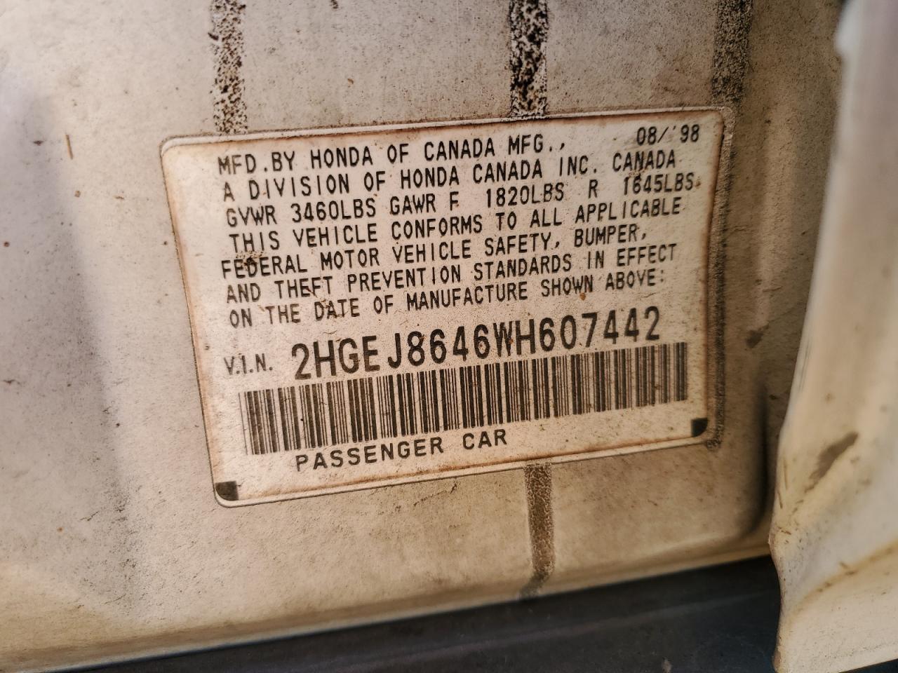 1998 Honda Civic Ex VIN: 2HGEJ8646WH607442 Lot: 85728675