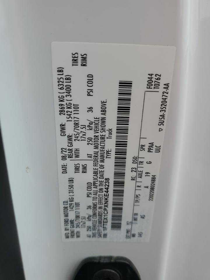 2022 Ford F150 Super Cab VIN: 1FTEX1CPXNKE44238 Lot: 90036125