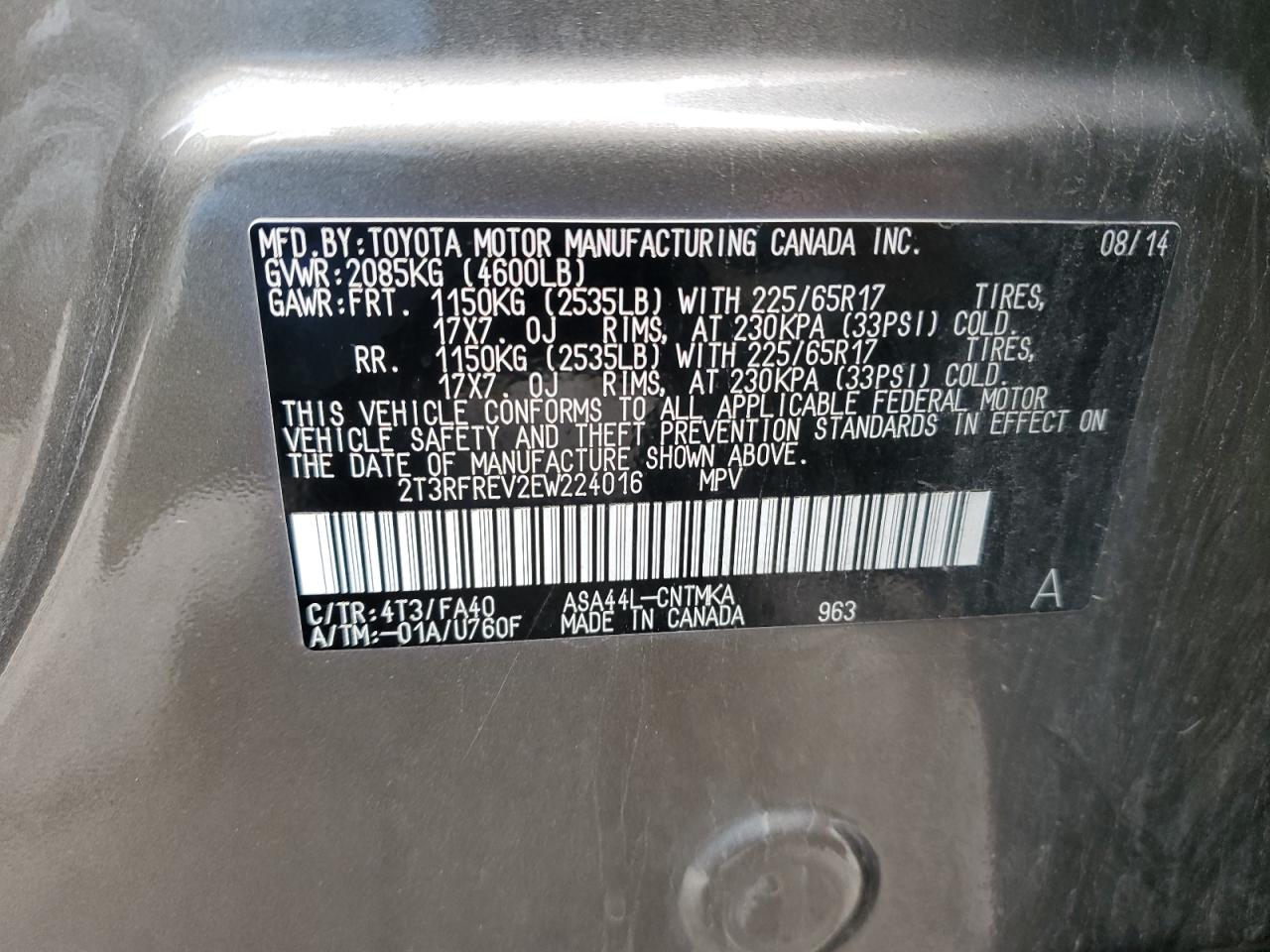 2014 Toyota Rav4 Xle VIN: 2T3RFREV2EW224016 Lot: 86592685