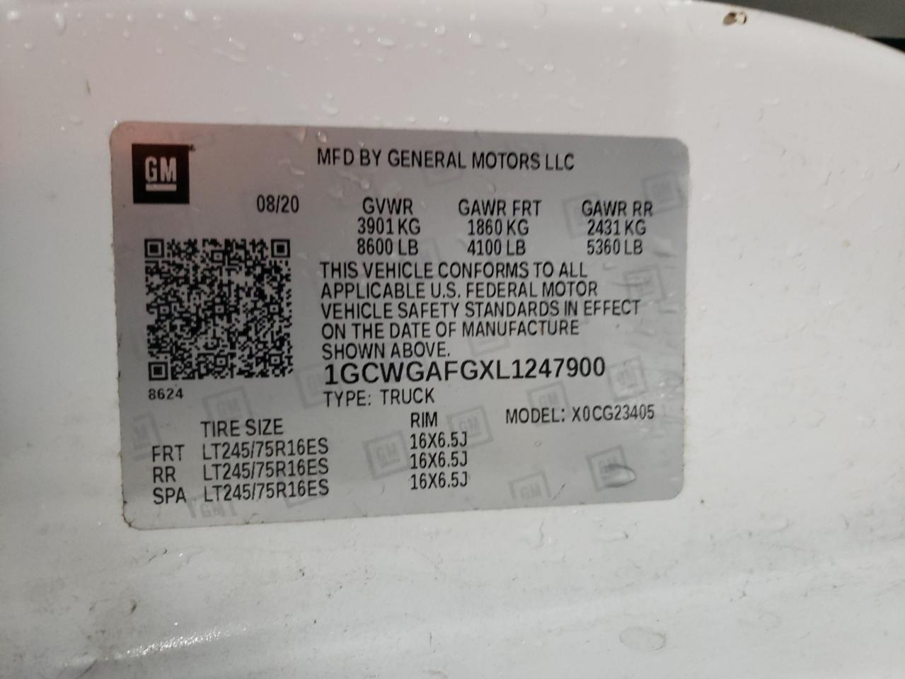 2020 Chevrolet Express G2500 VIN: 1GCWGAFGXL1247900 Lot: 90006315