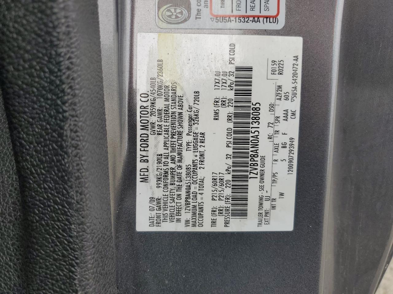 2010 Ford Mustang VIN: 1ZVBP8AN0A5138085 Lot: 84065285