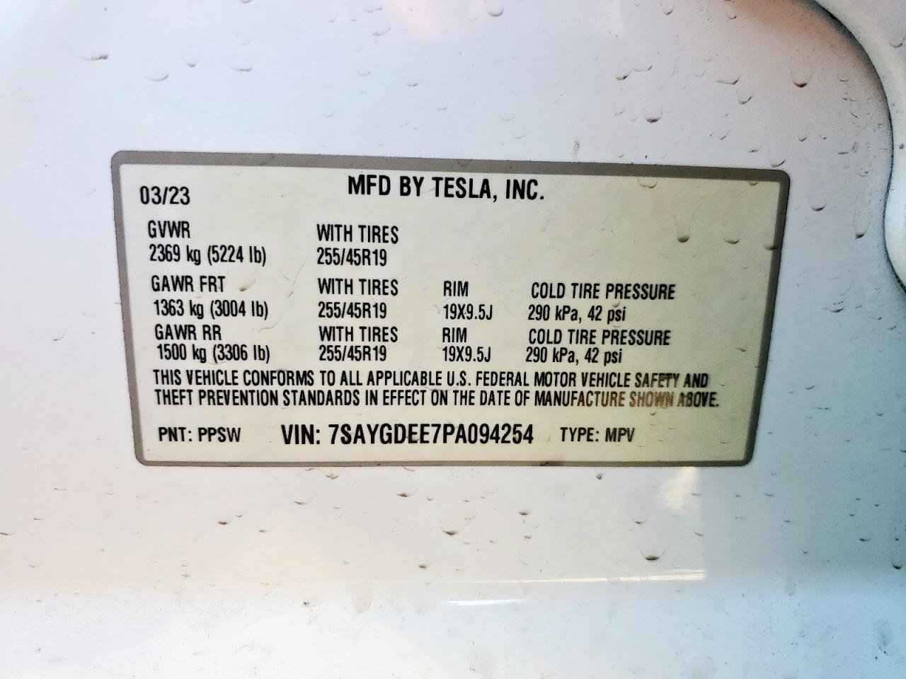 2023 Tesla Model Y VIN: 7SAYGDEE7PA094254 Lot: 91081955