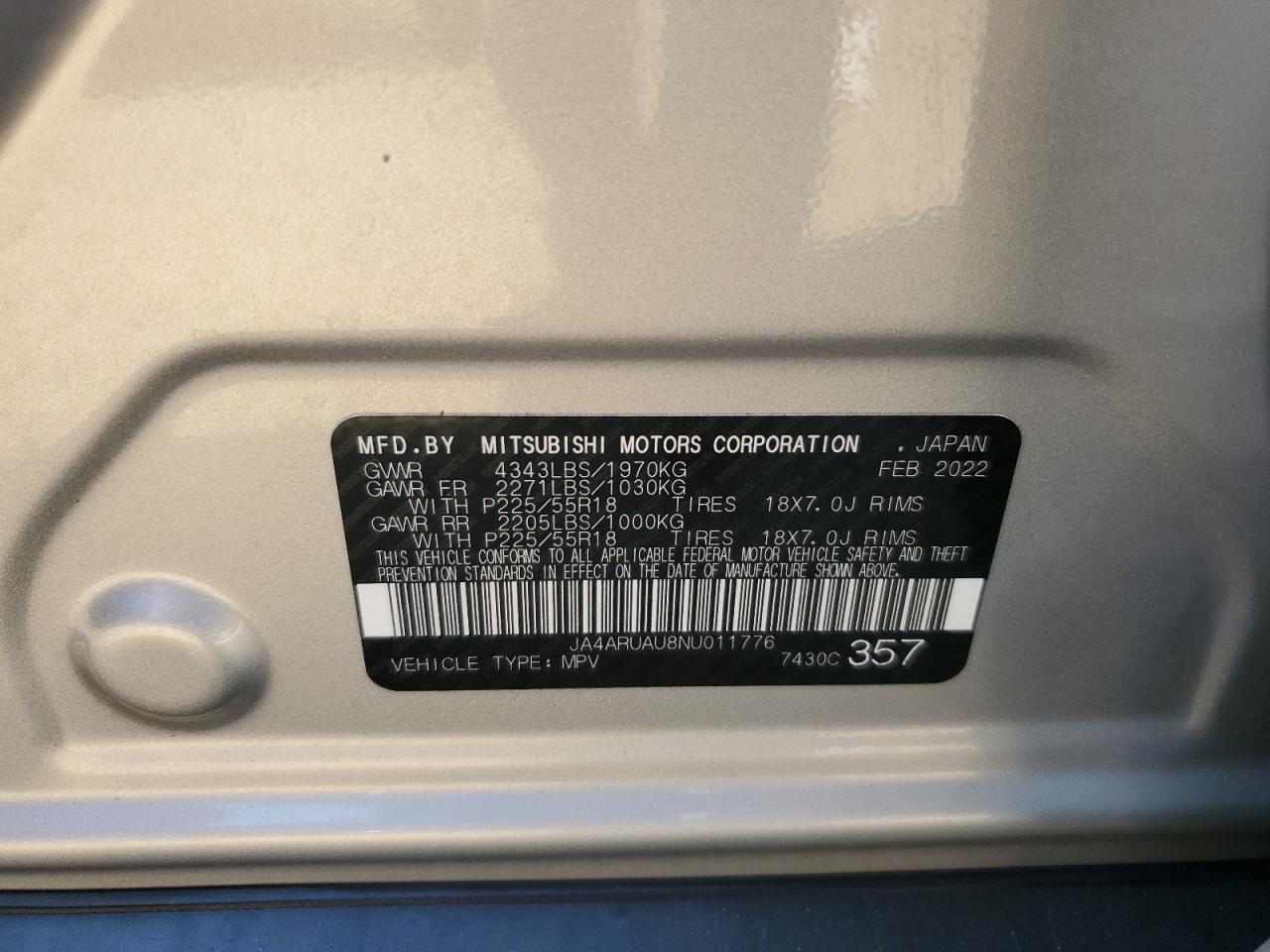 2022 Mitsubishi Outlander Sport Es VIN: JA4ARUAU8NU011776 Lot: 81844755