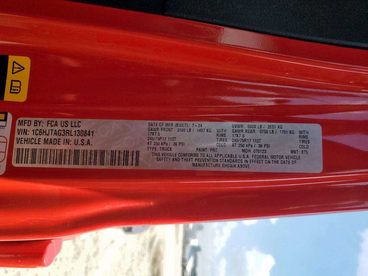 2024 Jeep Gladiator Sport VIN: 1C6HJTAG3RL130841 Lot: 85176545