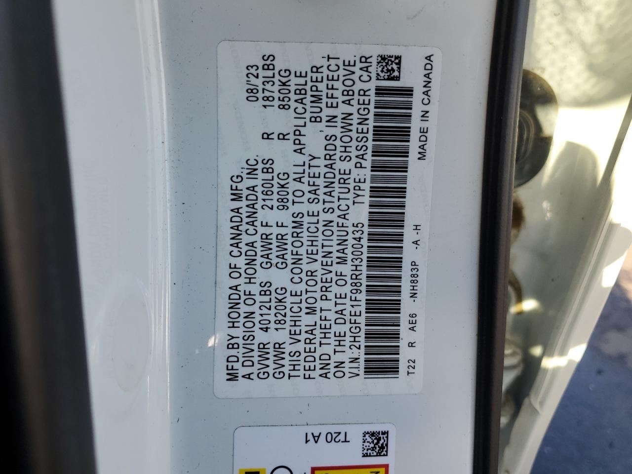 2024 Honda Civic Touring VIN: 2HGFE1F98RH300435 Lot: 85880585