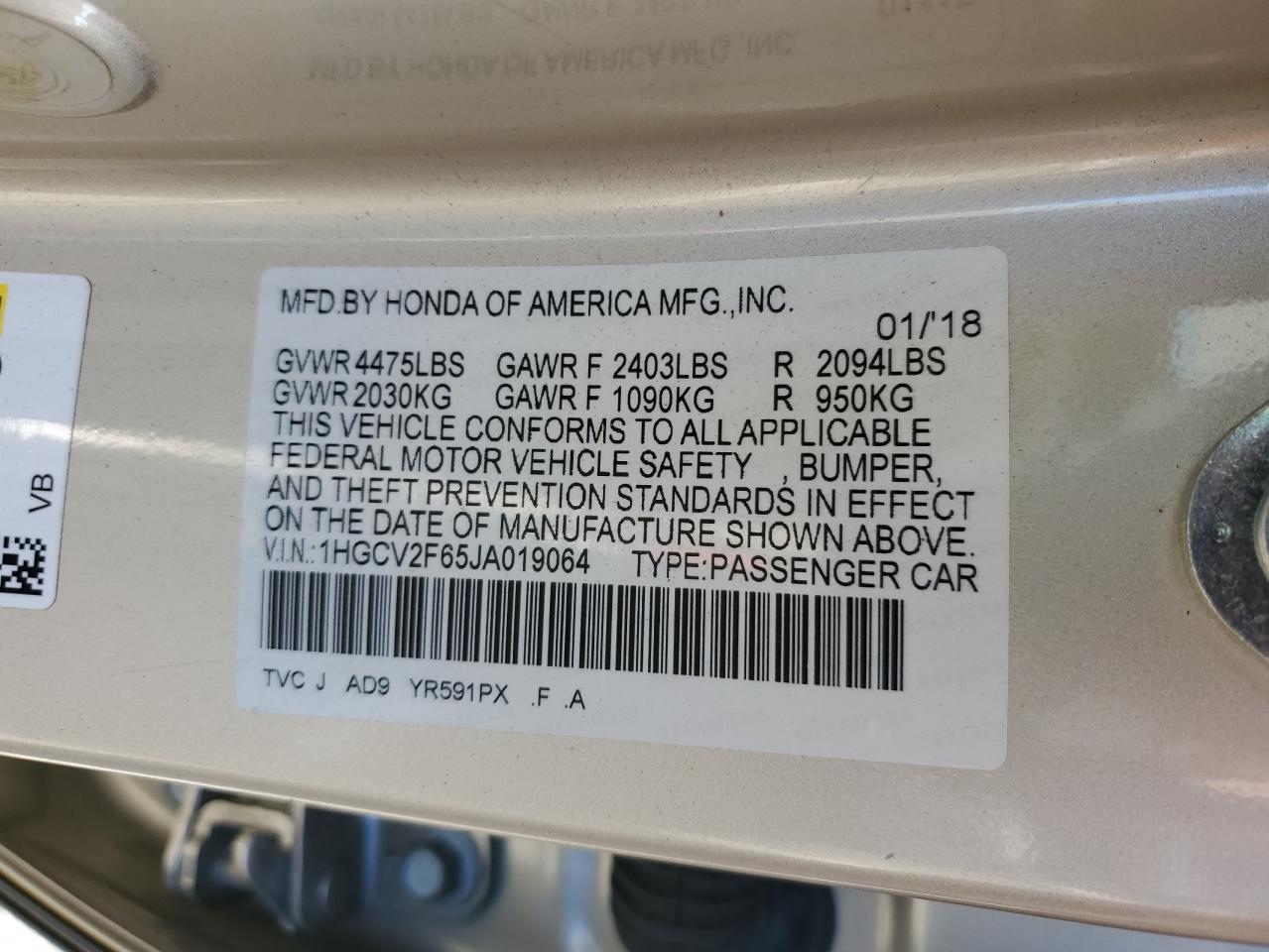 2018 Honda Accord Exl VIN: 1HGCV2F65JA019064 Lot: 82268265