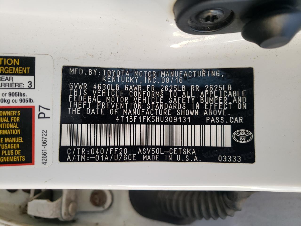 2017 Toyota Camry Le VIN: 4T1BF1FK5HU309131 Lot: 86298005