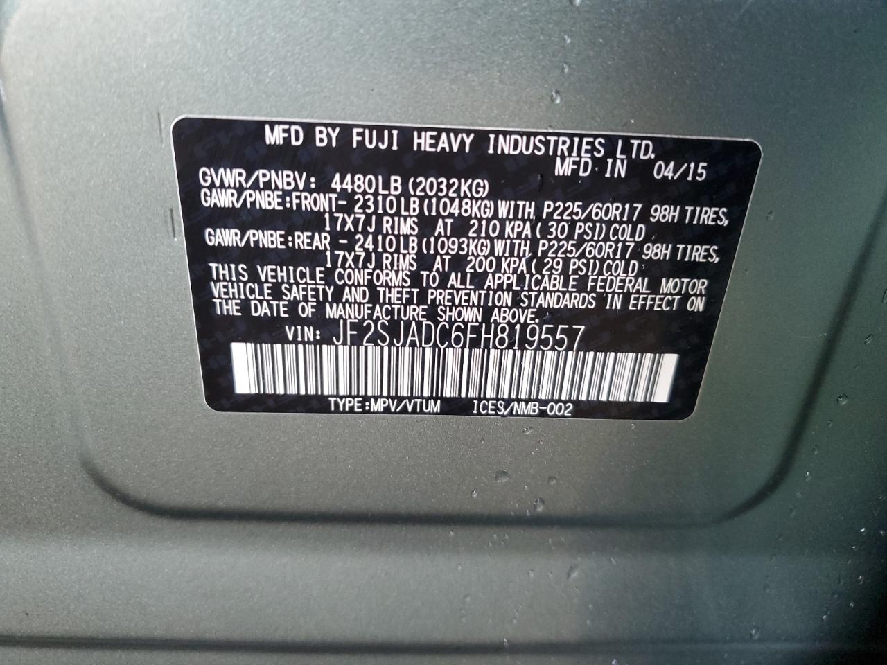 2015 Subaru Forester 2.5I Premium VIN: JF2SJADC6FH819557 Lot: 85133735